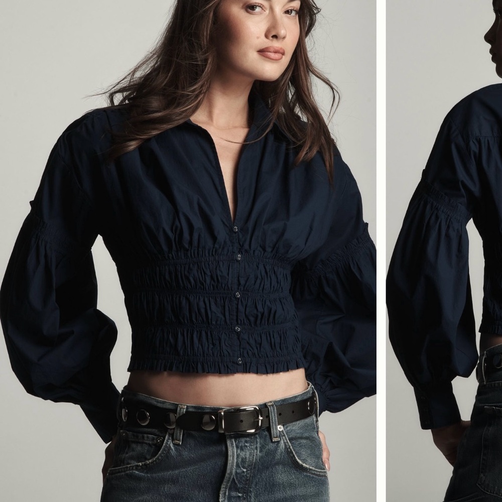 Anthropologie Blue Puff Sleeve Crop Blouse